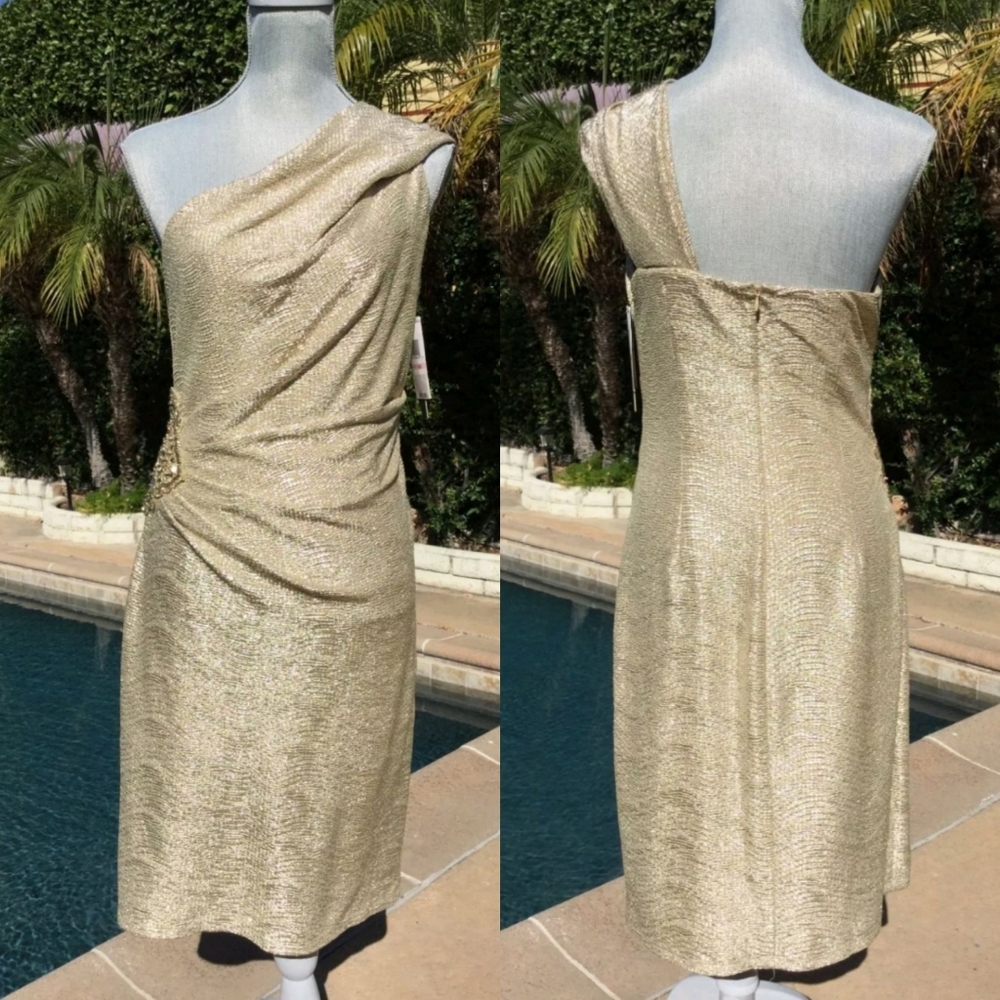 NWT Gold one shoulder dress with side applique